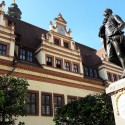 Leipzig market place and statue