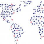 Schematic representation of world map with bubbles and connecting lines