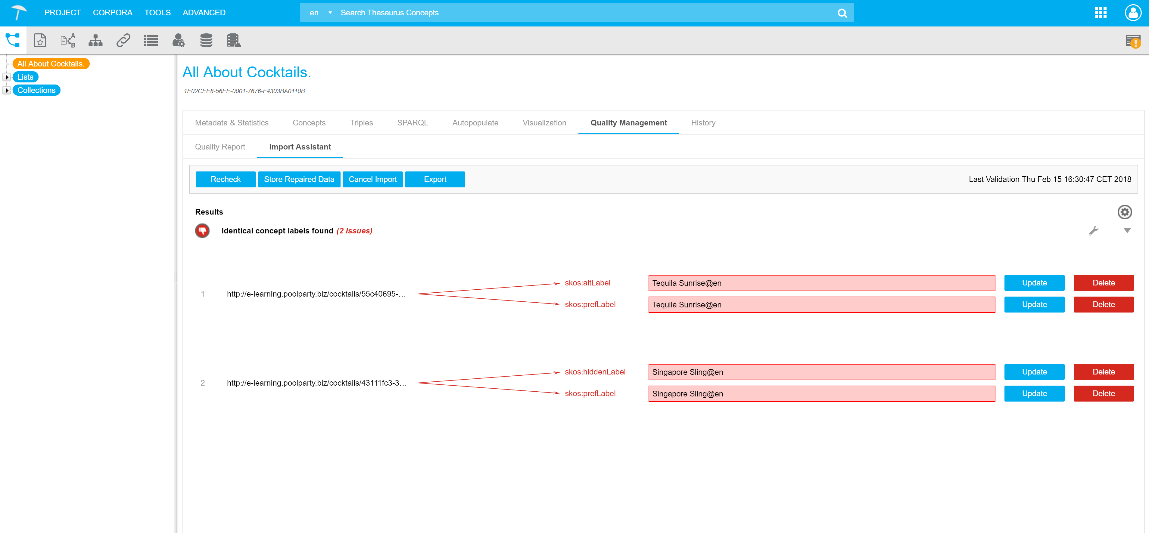 Automatic offering of repair strategies in PoolParty